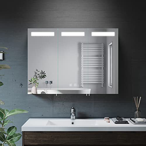 ELEGANT Large Bathroom Cabinets Wall Mounted with Bluetooth and Shaver Socket Stainless Steel Illuminated Bathroom Wall Cabinets Dimmer, Touch Switch 900 x 650mm