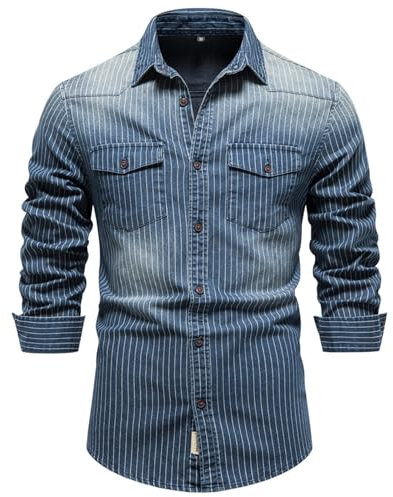 HOTIAN Herren Hemden, Herren Denim Shirt Langarmhemd,Freizeithemd Regular Businesshemd,Slim-Fit-Herrenhemden Blue XL