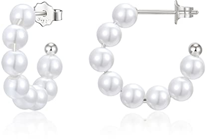 Perlen Creolen Silber 925 Creolen mit Perlen Kleine Perle Creolen Ohrringe Stecker Perlenohrringe Ohrhänger Runde Perle öhringen Schmuck Geschenke für Frauen Damen Mädchen