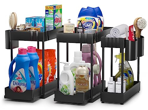 Cinnani Rangement sous Evier Cuisine à 2 Niveaux Lot de 3,Étagère sous Évier Rack avec 12crochet et 3gobelet Suspendu,Coulissant Organiseur sous Évier Etagere Tiroir,Noir