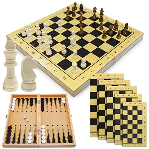 3in1 Holz Schachbrett Brettspiele Sammlung Schach Dame Backgammon Spiel 65tlg Set - Schachfiguren und Klappbrett aus Holz - Schachset für Kinder Anfänger Reise - klappbar tragbar faltbar (34x34cm)