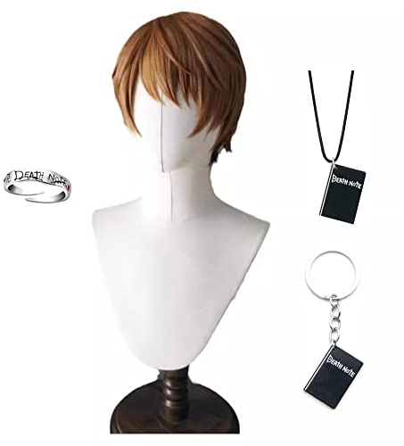 Xingbiyou Anime Death Note Light Yagami Cosplay Perücke mit Schlüsselanhänger Halskette Ring,Kurze braune Perücke für Herren Jungen