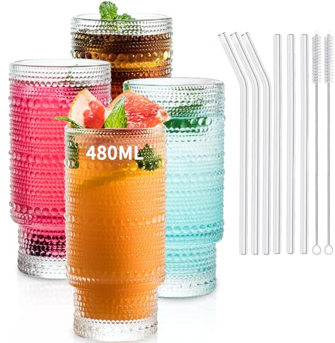 INSETLAN 480ml Hobnail Drinking Glasses Set of 4 with Glass Straws -Vintage Stackable Cups for Bar, Cocktails, and Beverages - Ideal for Iced Coffee, Beer, Juice, Water - Glassware Set