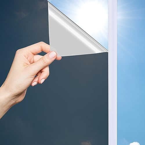 OFHome Spiegelfolie tönungsfolie Selbstklebend, Fensterfolie Blickdicht von Aussen, UV-Schutz Sonnenschutzfolie, Wärmeisolierung Sichtschutz, scheibentönungsfolie mit Kleber, Schwarz Silber 118x200cm