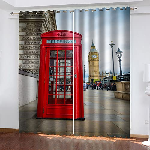 Vorhänge Wohnzimmer Modern Blickdicht 2Er Set 3D Londoner Straßenansicht-Telefonzelle Muster Schlaufenschal Verdunkelungsvorhang Vorhänge Lärmminderung Gardinen Fensterdekoration 140X110cm(HxB)