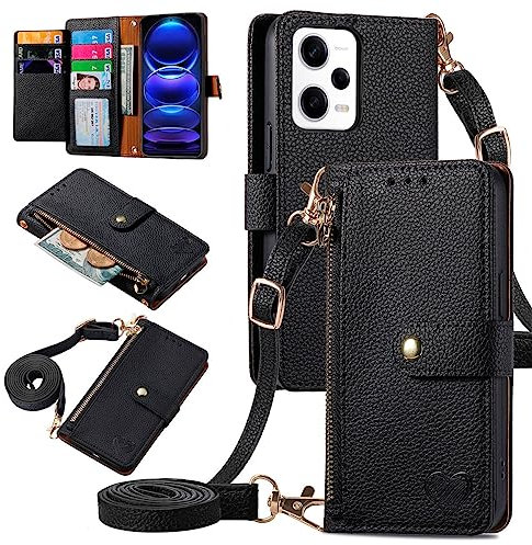 MOJIA Funda Cartera para Xiaomi Redmi Note 12 Pro+ 5G, Carcasa de Teléfono con Tapa a Prueba de Anticaída y Cuero de Primera Calidad, Carcasa Multifunción con Bandolera. Negro