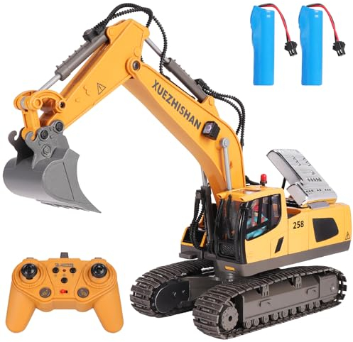 Mingfuxin Excavadora Teledirigida para Niños, 2,4 GHz Tractor de Juguete, Vehículo de Construcción RC 12 Canales con LED y Sonido, 2 Baterías