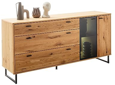 Kommode Sideboard mit Beleuchtung in Wildeiche geölt (teilmassiv) mit anthrazit, B/H/T ca. 179/85/44 cm | 3 Schubladen, 2 Türen