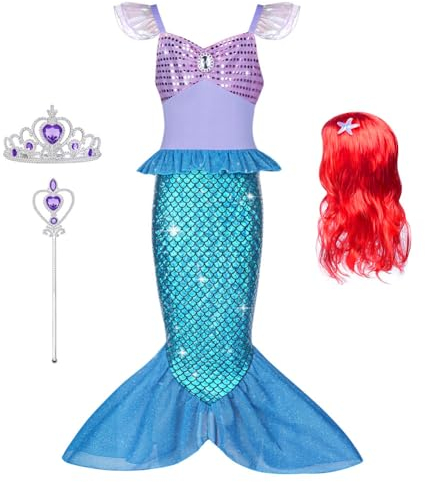 AOOWU Deguisement Robe Petite Sirene Princesse Ariel Costume avec Perruque pour Enfant Fille, Ariel Robe Inclus Couronne avec Baguette Magique pour fête d'anniversaire Halloween Carnaval,150CM