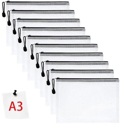 Vicloon Dokumententasche mit Reißverschluss A3, 10pcs Mesh Plastic Zip Bag, Wasserdichte Document Case, Reißverschlusstasche Zip Beutel Tasche Wallet Taschen Kunststoff Mesh Dokumentenmappen