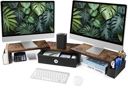 Dual Monitor Stand Riser w/ Drawer & Metal Leg, Large Computer Monitor Riser w/ Storage For 2 Monitors, Desk Shelf For Monitor w/ Adjustable Length & Angle, Desktop Organizer For Laptop/TV/Printer