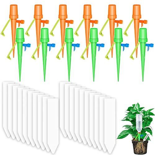 Eniyou 12 pcs Sistema Automático de Control Riego Agua por Goteo Botella para Macetas Sistema Automatico Casero Autorriego Dosificador Agua Plantas con 20 Etiquetas de Plástico a Base de Plantas