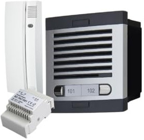 Kit de Portero Automático - 2 Hilos,facil instalación, para comunidades 2 viviendas Completo, Placa de Calle, Caja, alimentador DIN 12Vac/1A y 2 teléfonillos
