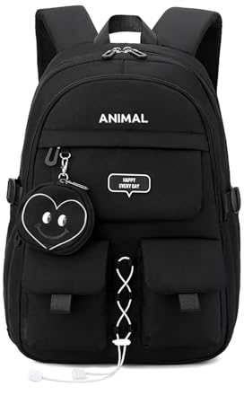 FANDARE Schulrucksack Rucksack Teenager Schule College-Schulrucksack Tagesrucksäcke mit Geldbörse Damenrucksack Schultaschen Damen Daypack Schulranzen Laptop Rucksack für Ausflüge Uni Schule Schwarz