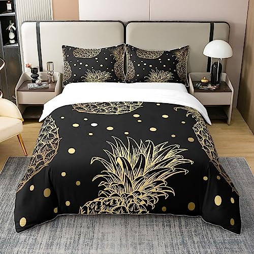 Loussiesd Ananas 100% Baumwolle Bettwäsche Set 155x220cm Boho Exotic Style Bettwäsche-Set Home Decor Fresh Ananas Muster Gold Bettbezug Sets Betten Set