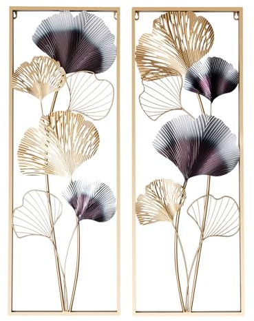 Wiyuer Wanddekoration Wandbild Metall Ginkgoblätter Blätter Skulptur Wandschmuck Metall Wanddeko 2pcs 85×31×5cm 3D Gold