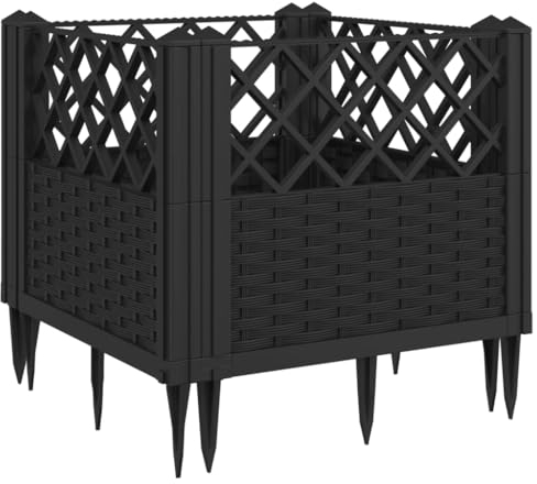 vidaXL Pflanzkasten mit Erdspießen, Modular Pflanzkübel mit Rattan-Optik, Blumenkübel für Außenbereich, Pflanzbeet Blumenbeet, Schwarz PP