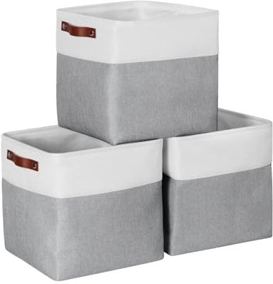 Syeeeix Fabric Storage Baskets for Shelves, 3 Pack Cube Storage Boxes with Leather Handle For Organizing Clothes, Toy s, Home and Office, 30x30x30 cm Collaspsilbe Storage Bins, Grey & White