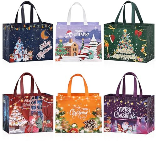 BBLIKE 6 Stück Geschenktüten Weihnachten Groß - 30.5 * 25 * 17CM, Non-Woven Weihnachtstaschen Weihnachtstüten mit Griffen, Weihnachts Geschenktüten mit Santa Claus, Elch, Weihnachtsbaumdesign