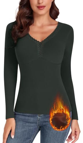 WOWENY Thermal Underwear Womens Long Sleeve Tops Warm Ladies Thermal Tops Vests Winter Base Layers Shirt Slim Fit B-Dark Green XXL