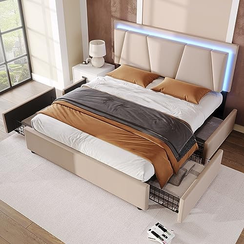 Aoskem Bett 160x200 cm Polsterbett Doppelbett, Bett mit Stauraum 4 Schubladen, LED-Kopfteil, Stauraumbett Bettgestell mit Lattenrost, Flachbett Jugendbett Rückenlehne Bett, Ohne Matratze, Leinen Beige