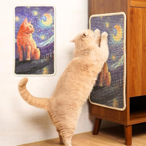 SOLDAY Kratzmatte Katze für Boden, Wand, Teppich, Couch und Möbel, 56x33 cm Kratzbrett mit Klettband, Anti-Kratzer Möbelprotektor (Ingwer Katze Sternengucken)