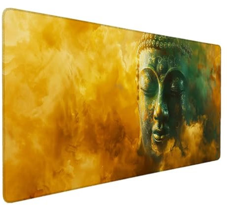 Übergröße Mauspad Gaming 80 x 30cm Mousepad XXL mit Motiv Tischunterlage Large Size - verbessert Präzision und Geschwindigkeit XXL z.B. für Maus und Tastatur (Gelb Buddha-Statue) Ergonomisches Q-RZ