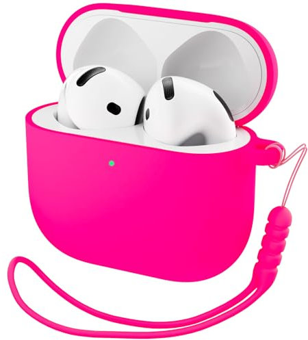 ORNARTO Compatible with Airpods 4 Case,Liquid Silicone Cover with Lanyard Hybrid Skin & Visible Front LED Protective Case for Airpods 4th Generation(2024)-Hot Pink