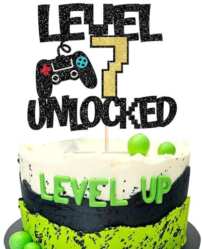 Xsstarmi 1 Pack 7th Birthday Cake Topper Glitter Video Play Game Controller Level 7th Unlocked Party Cake Pick Decoration for Level Up Seventh Kids Happy 7th Birthday Party Cake Decorations Supplies