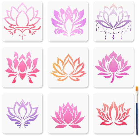 MAYJOYDIY Lotusblumen-Schablone, Seerosen-Schablone, 19,8 x 19,8 cm, Lotus-Schablone zum Malen mit Pinsel, Naturpflanzen-Vorlagen zum Basteln auf Fenster, Holz, Wand, Heimdekoration