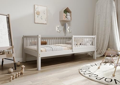 TIMBEE - Alfi - Kinderbett 90x180 cm - Bett Grau - Einzelbett für Kinder mit Lattenrost und Rausfallschutz Abnehmbar - Hohe Beine - Belastbar bis 100 kg - aus Kiefernholz Klasse 1