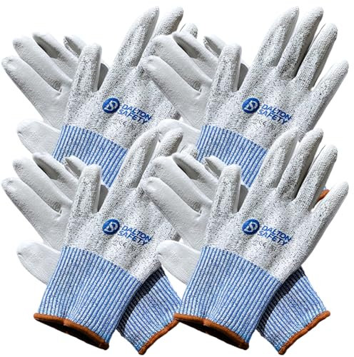 Dalton Safety 4 Pairs Of Large Cut Resistant Level 3 Work Gloves, HPPE Knitted Cuff, PU Coated Palm & Fingertips. Perfect For General Duty, Gardening, Glass Cutting & Sheet Metal Handling