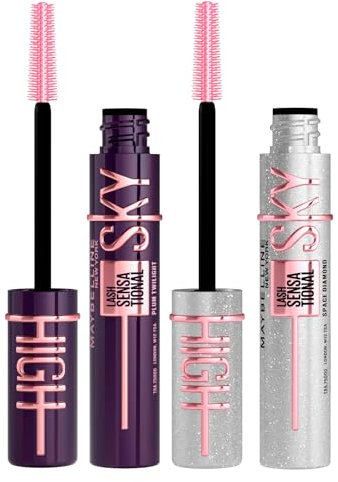 Maybelline New York Sky High Lash Sensational Mascara Colore Plum Twilight + Space Diamond Volumizzante e Allungante Sguardo Intenso Zero Grumi Scovolino Flessibile - Set da 2