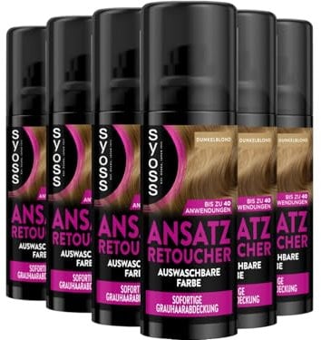 SYOSS Ansatz Retoucher Kaschierspray Dunkelblond (6x 120 ml), Ansatzspray deckt helleren und grau nachwachsenden Ansatz ab, schweiss- & regenfeste auswaschbare Haarfarbe bis zu 40 Anwendungen