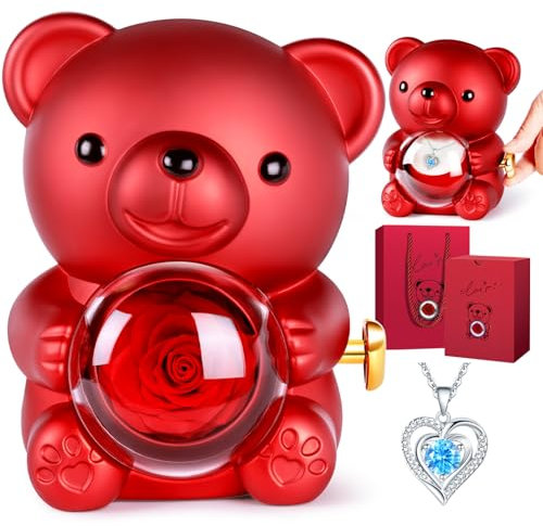 goldmiky Orsetto con Rosa, Orso con Rosa Eterna Confezione Regalo, Regalo Festa della Mamma, Regali per Lei Fidanzata,Regalo Anniversario per Lei(Collana di Diamanti Blu)