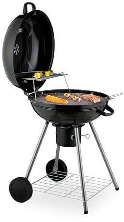 Relaxdays Kugelgrill, Ø 53 cm, 2 Grillrost, Thermometer, Aschesammler, Holzkohlgrill mit Rädern, BBQ, Smoker, schwarz