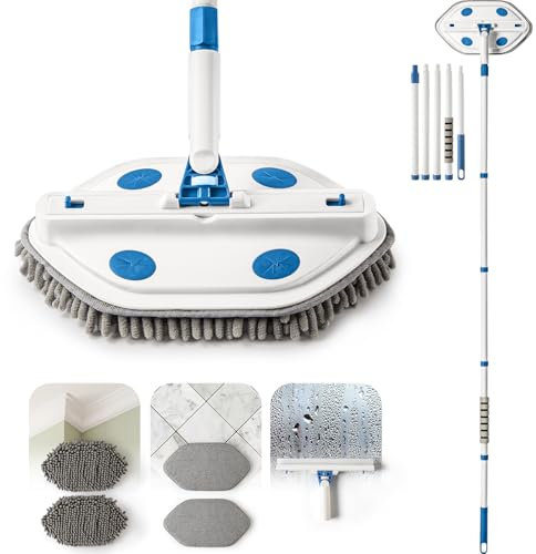 Wall Mop with Long Handle 80 Inches - Multi-Surface Wall Cleaner for Painted Walls, Ceiling & Skirting Board. Window Cleaning Kit with Squeegee, Dust Mop with 4 Reusable Pads