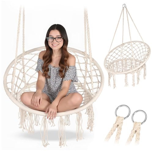 Campela Sillón colgante bohemio crudo - Nido de cigüeña columpio con borlas | Silla hamaca para sala de estar, jardín, balcón | Estilo boho | Max 150 kg | Interior y exterior