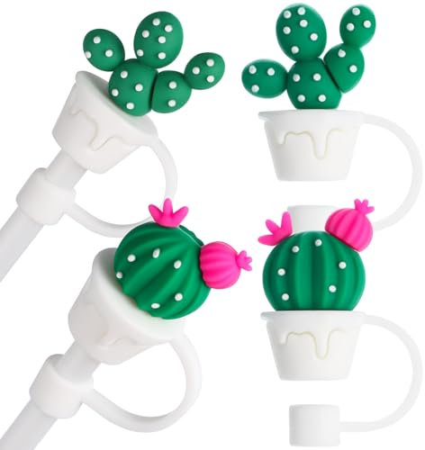 Warmhm 4 Pièces Couvre Pailles Réutilisables Forme de Cactus Lot de Caps Décoratifs pour Pailles Cuisine Bar Accessoires Amusants pour Boissons