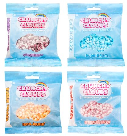 Crunchy Cloud - Bubble Crunch Variety Pack, Freeze-Dried Candy - 4 Flavours: Vimburst, Bubblegum, Iron-Brew & Strawberry - Light Airy Crisp Texture, Fun Treat, On-The-Go Snack - Pack of 4
