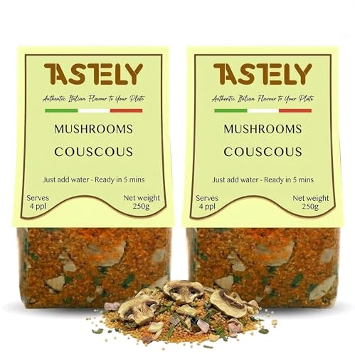TASTELY Dried Mixed Mushrooms Couscous - 250g x 2 Pack | Gluten Free Couscous - Herbs and Seasoning | Quick Cooking Meal Ready in 18 Minutes - Suitable for Vegan Diets