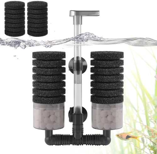 VILLNO Luftbetriebener Aquarium Filter, Aquarium Schwammfilter mit Biochemischem Schwamm und Keramikkugeln, Leiser Innenfilter für 30-120L Süß- und Salzwasser