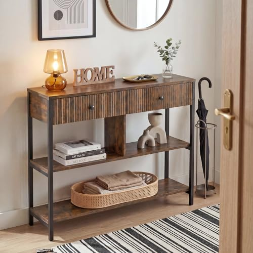 Manora Console Table avec 2 Tiroirs et 2 Étagères, Design à Rainures, Structure Métallique, Meuble d'Entrée pour Salon, Couloir, Chambre, Finition Bois Rustique, 100x24x76 cm