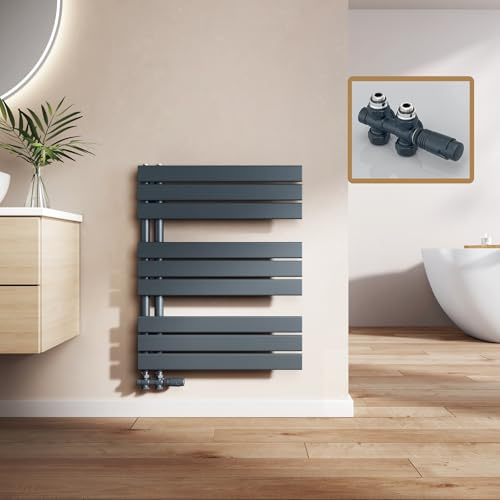 EMKE Badheizkörper mit Multiblock 762x600 mm, Flach Handtuchheizkörper mit Seitenanschluss, Effizienter Handtuchwärmer Handtuchtrockner Heizkörper für Bad, Anthrazit, 503W