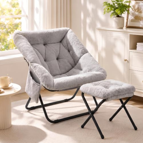 Clevich Relaxsessel mit Hocker, Untertassenstuhl, Klappbarer Loungestuhl | Bequemer Faux-Fur Akzentstuhl, Klappbar Sessel Scandinavian, mit Seitentasche, für Wohnzimmer, Schlafzimmer, Wohnheim