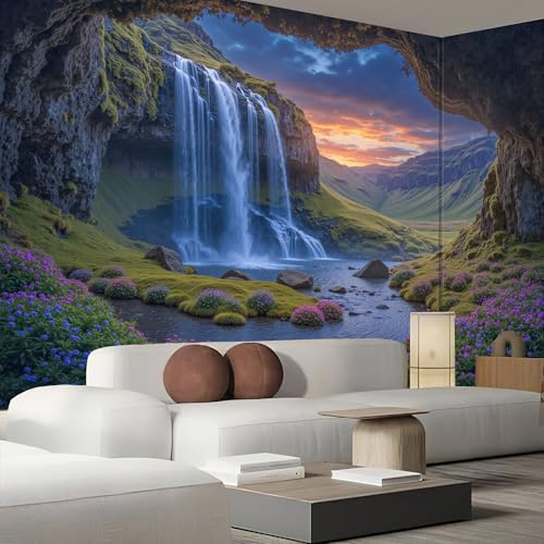 ANALTIRCE 3D Wall Mural Icelandic Waterfalls Print Photo Wallpaper, Luxury Non-Woven Wall Decoration Sunset Cave Poster Picture Design Modern 368 x 254 cm Mural for Living Room Green
