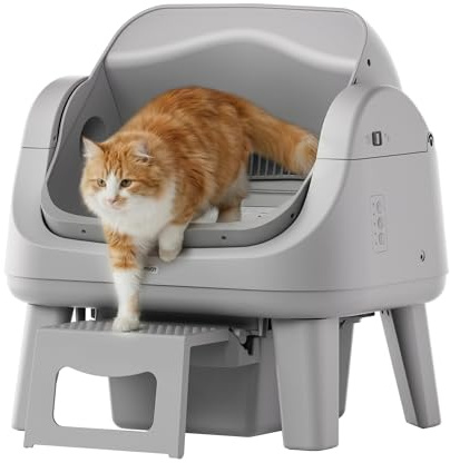 PetPivot Open Top Self Cleaning Cat Litter Box, Automatic Litter Box with 7 Pairs of Safety Sensors, Anti-Pinch Protection and Easy Access Step for Senior Cats, Dark Grey