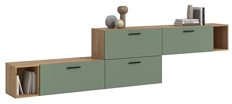 xonox.home – Wohnkombination The One 276x97x34 cm in Artisan Oak und Smoke Green – Breite TV-Wand mit 4 Klappen – 10 Fächer inklusive offener Bereiche bieten Stauraum im angesagten Natur-Look
