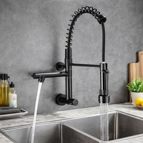 Rubinetto a Muro Cucina Nero Rubinetto con Doccetta Estraibile Rotazione 360° Miscelatore Monocomando a Parete,nero