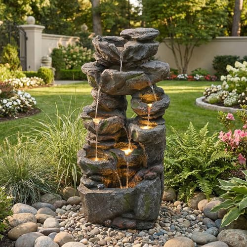 KOMHTOM Fontaine de Jardin, Cascade Exterieur avec LED, Design Imitation Roche Montagne, Aspect Pierre Naturelle en Resine, Pompe a Eau Incluse, pour Terrasse Balcon Cour (Style 5 - Gris)